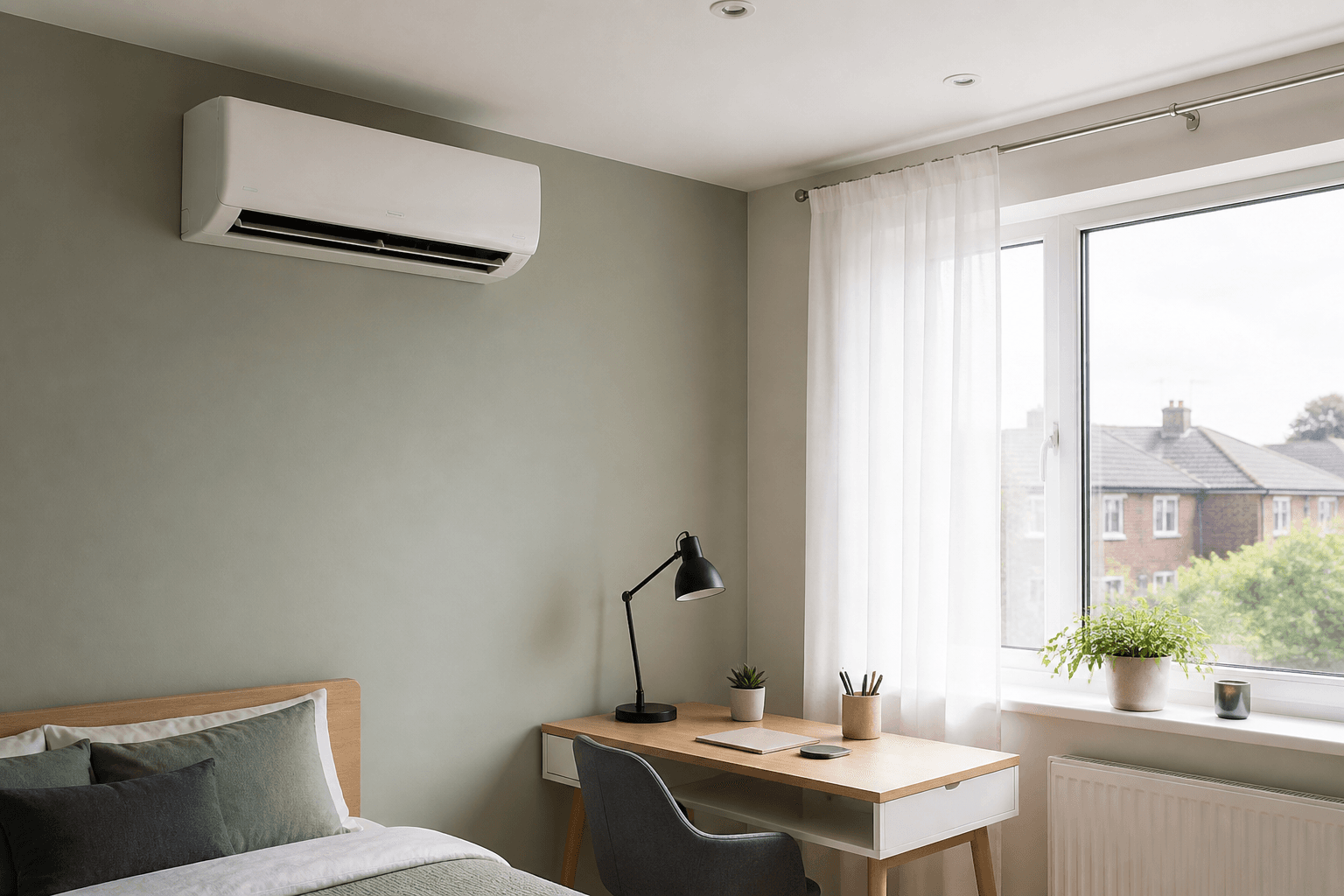 Domestic air conditioning unit installed in a bedroom or home office