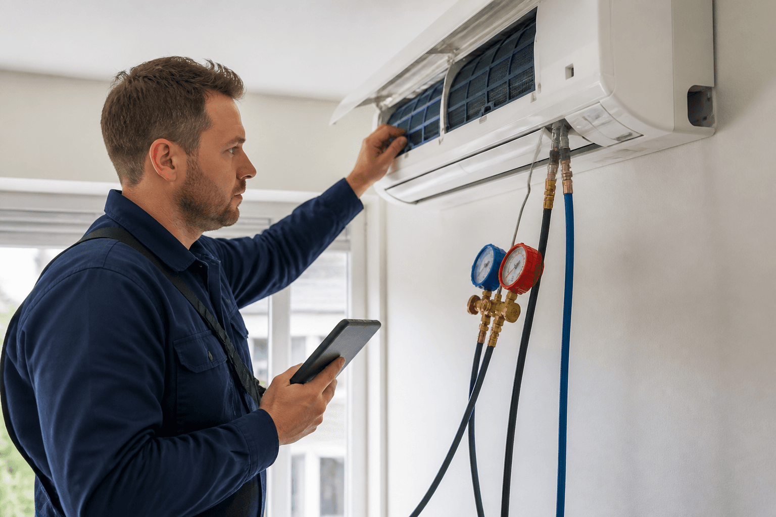 Engineer diagnosing a fault on an indoor air conditioning unit