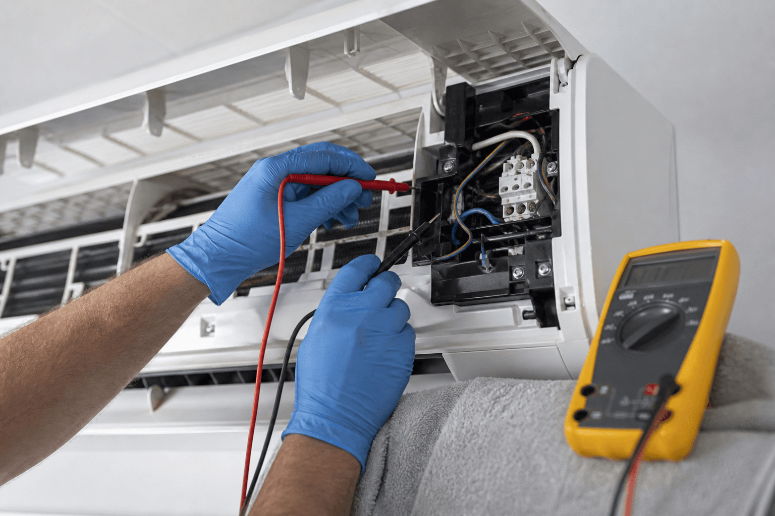 Open air conditioning unit with tools during a repair visit