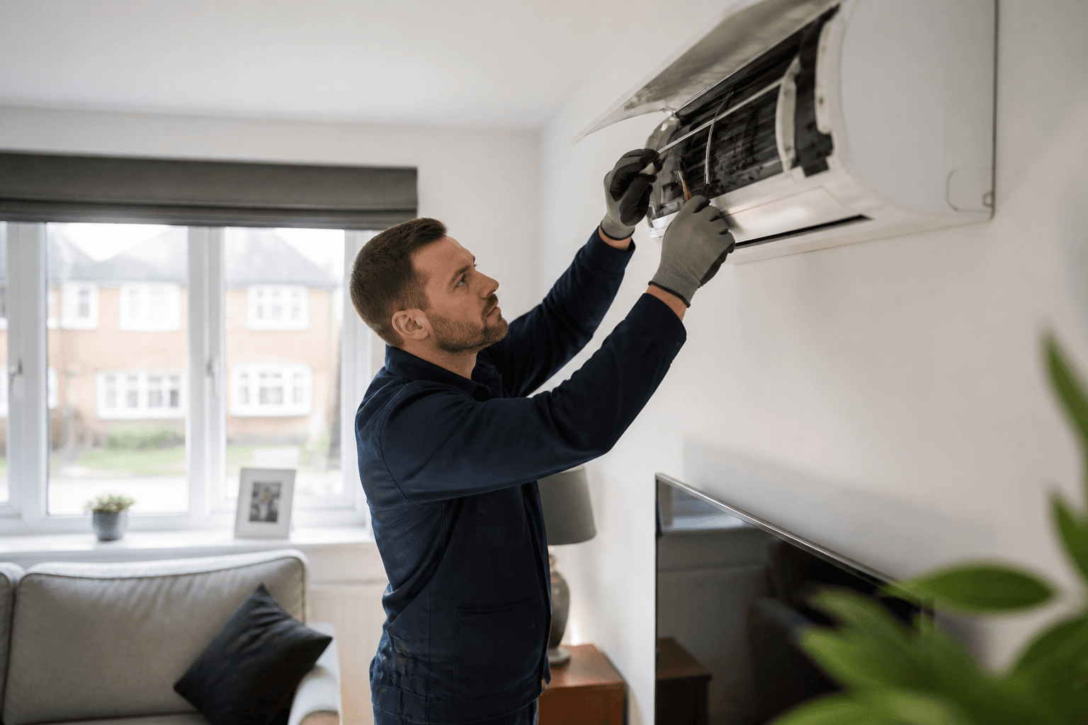 Engineer servicing a wall-mounted air conditioning unit