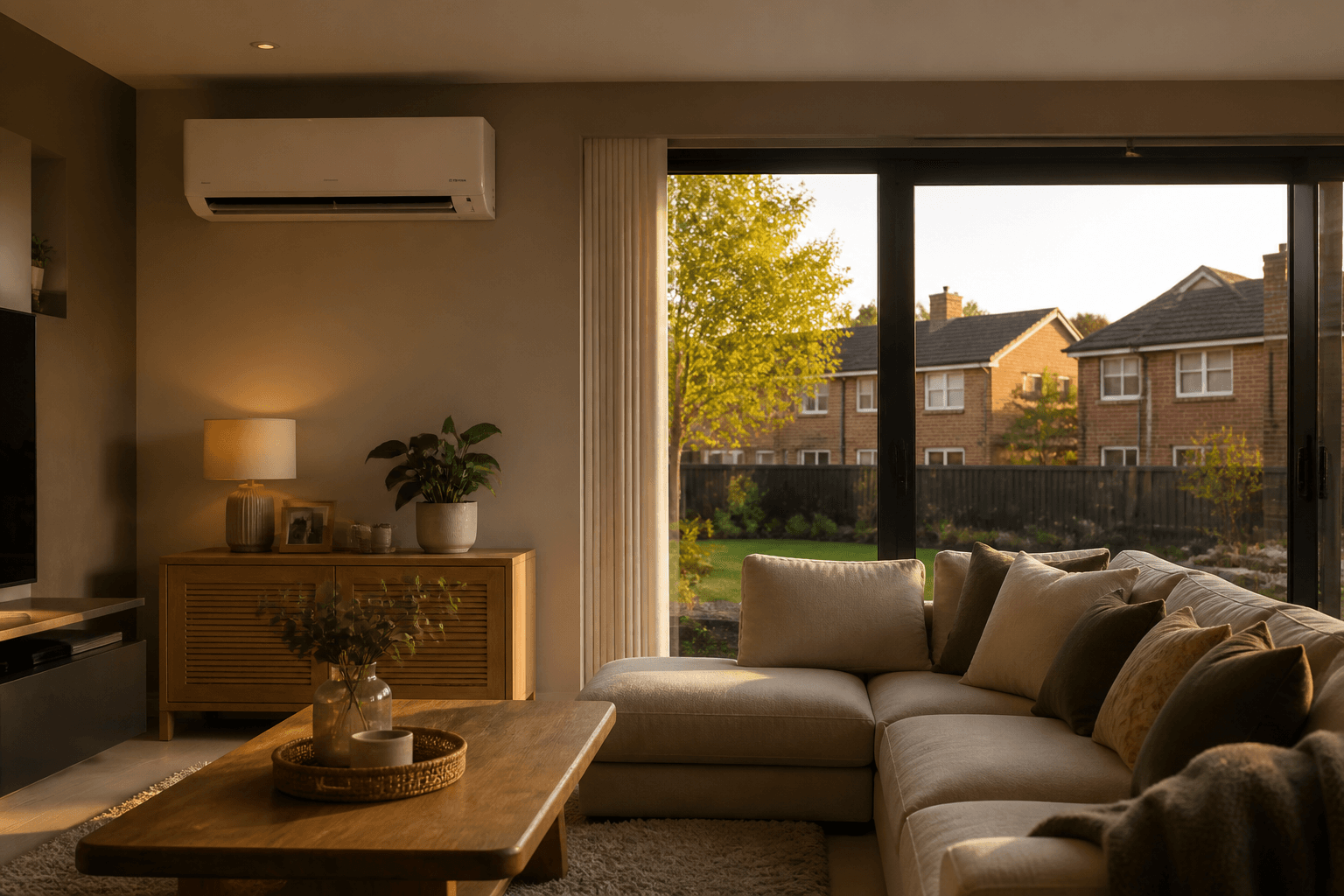 Home comfort scene suggesting year-round heating and cooling
