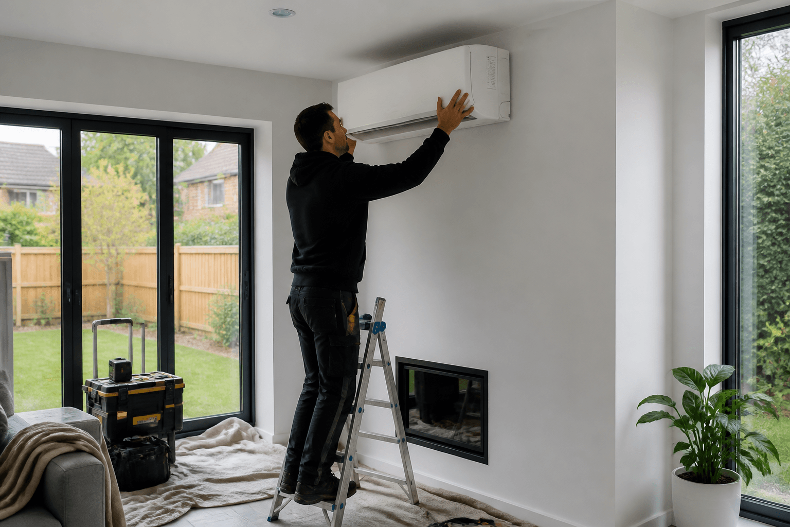 Engineer fitting an indoor air conditioning unit during a clean install