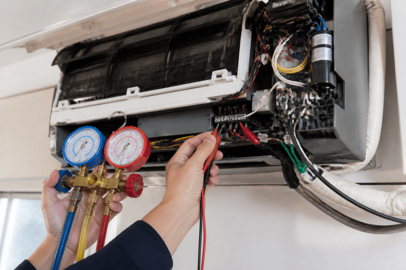 Diagnostic close-up on a heating and cooling indoor unit