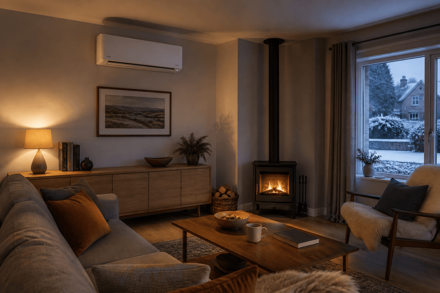 Indoor air-to-air unit providing warm comfort in a winter living room