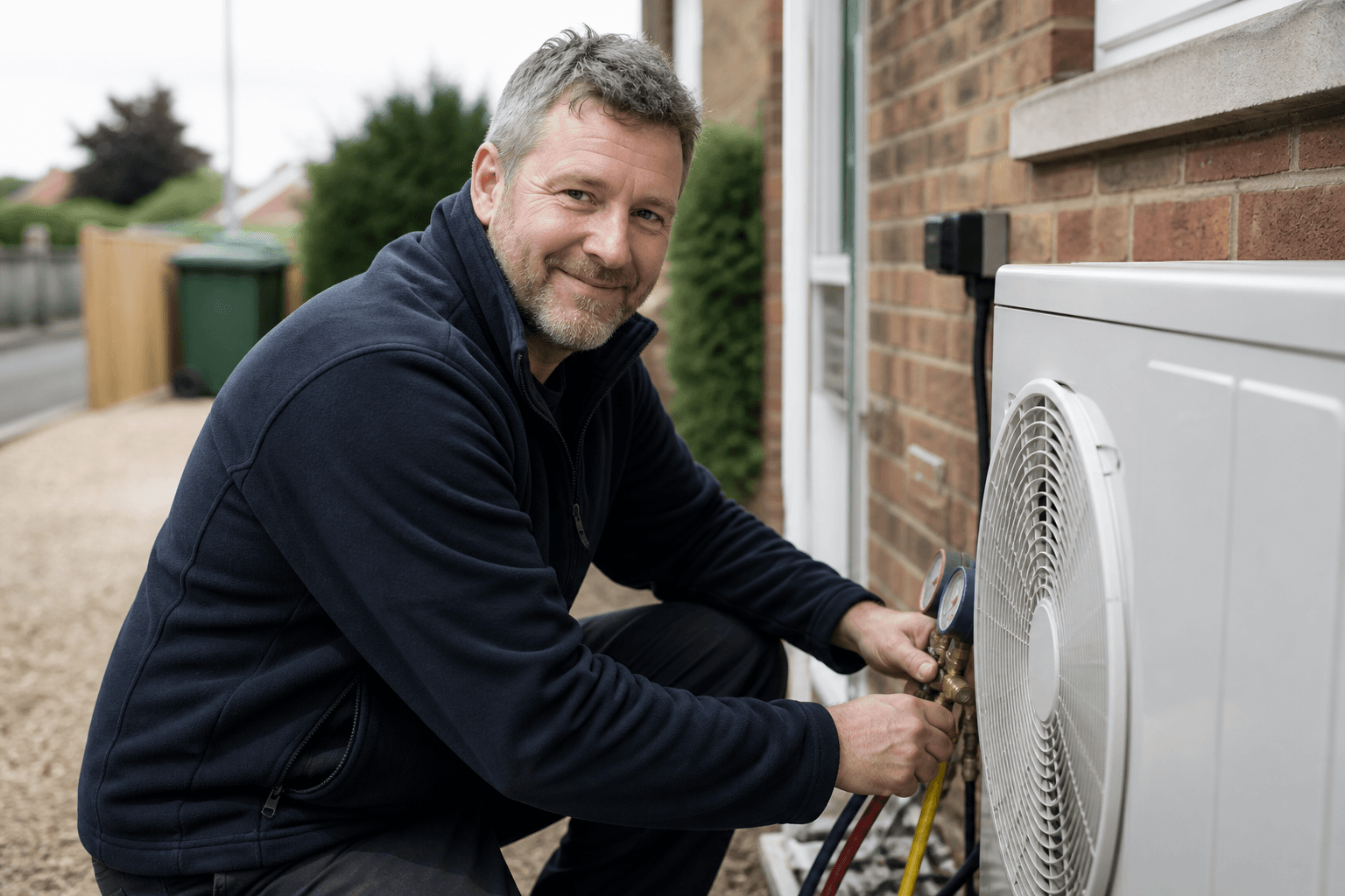 Engineer on site beside an outdoor air conditioning unit