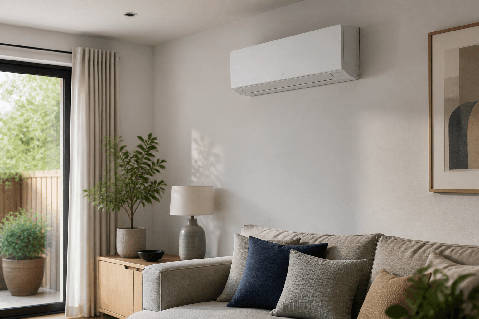 Indoor heating and cooling unit in a comfortable living space