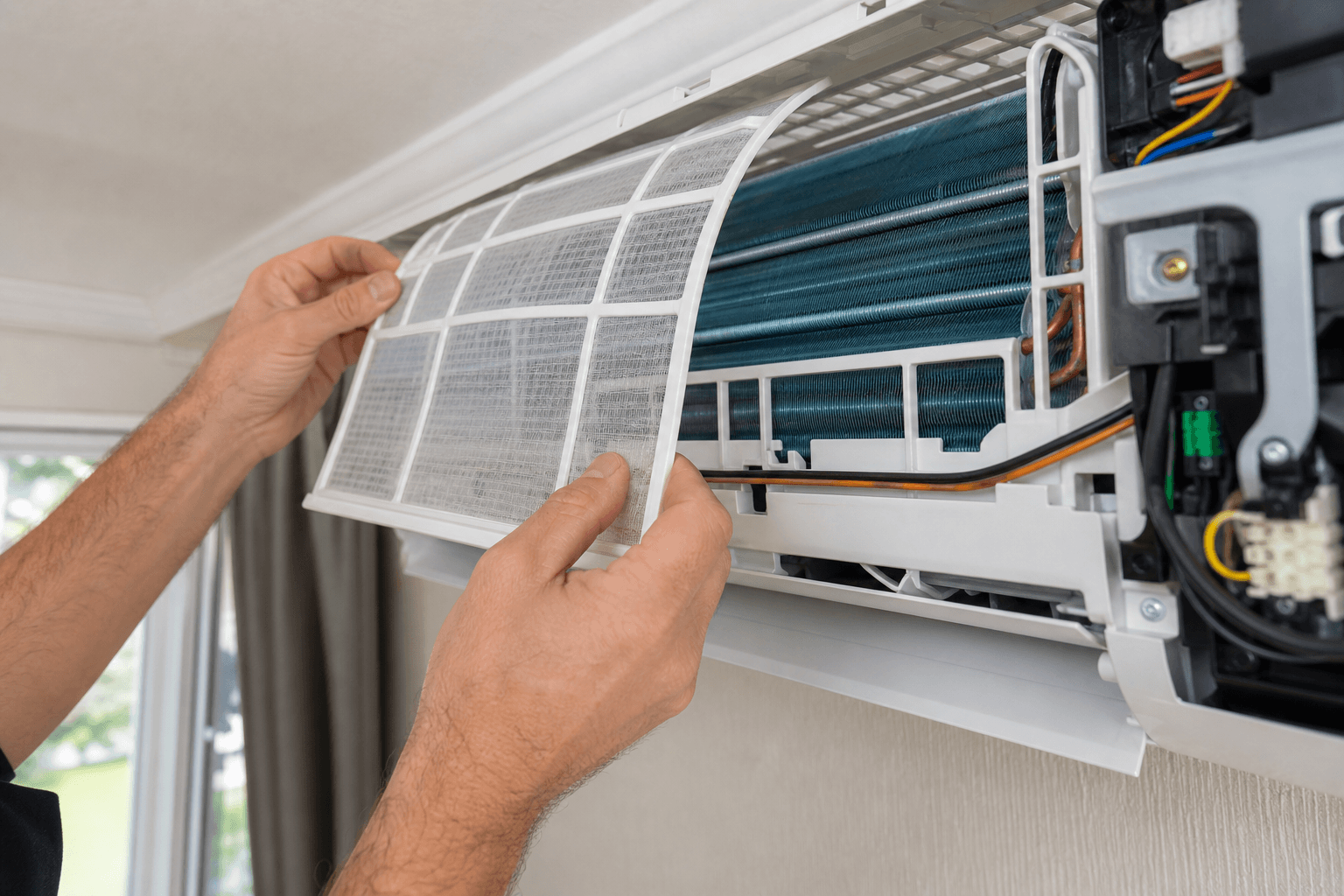 Close-up of filter and coil cleaning during AC maintenance