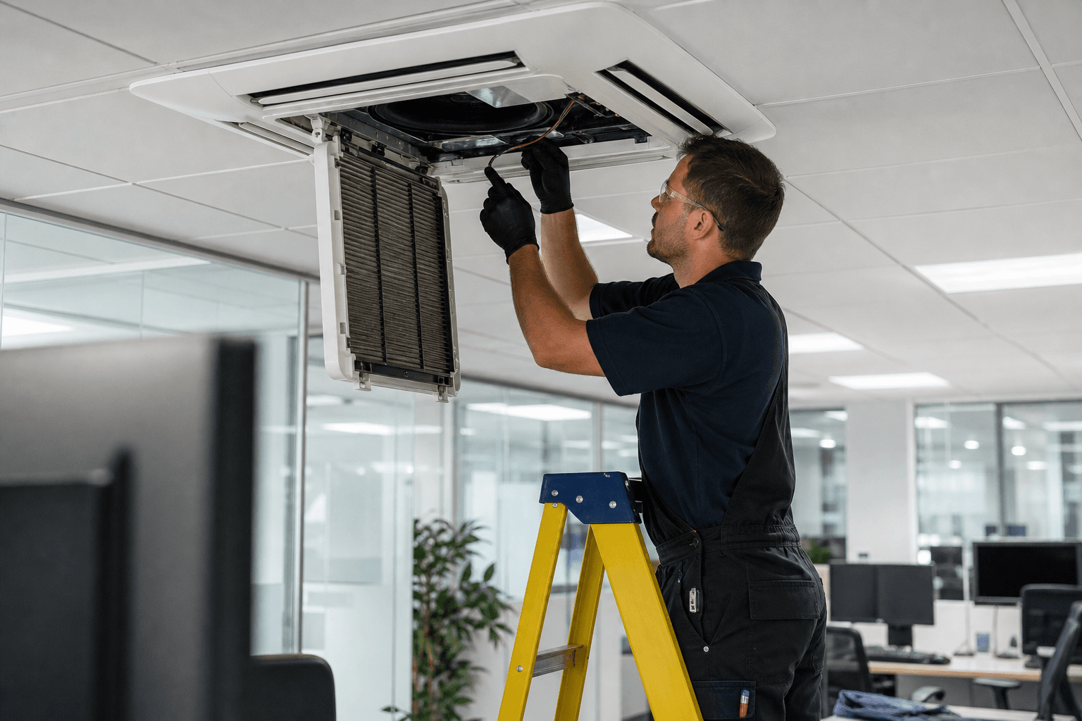 Engineer on a commercial air conditioning repair call-out