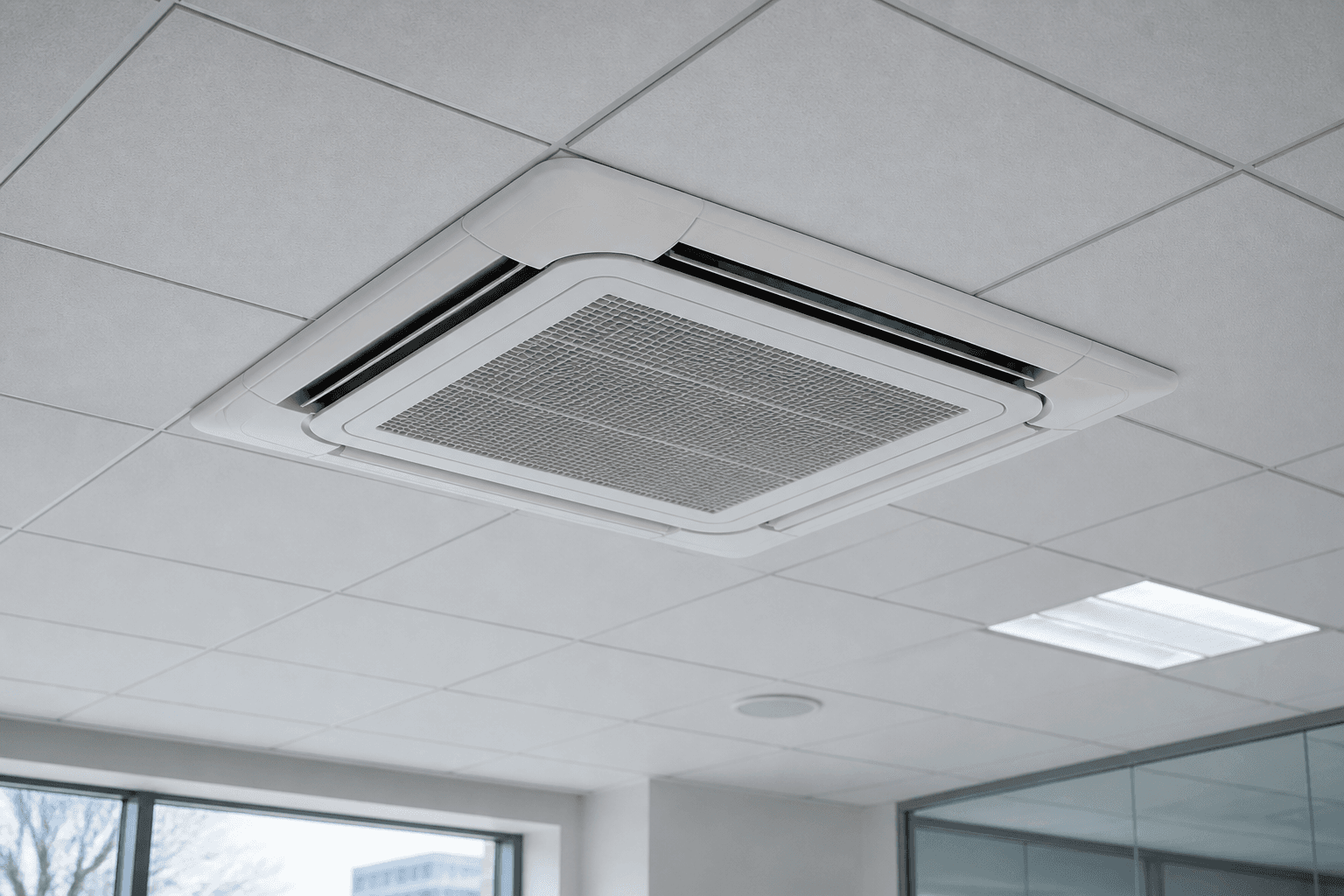 Ceiling cassette commercial air conditioning unit installed