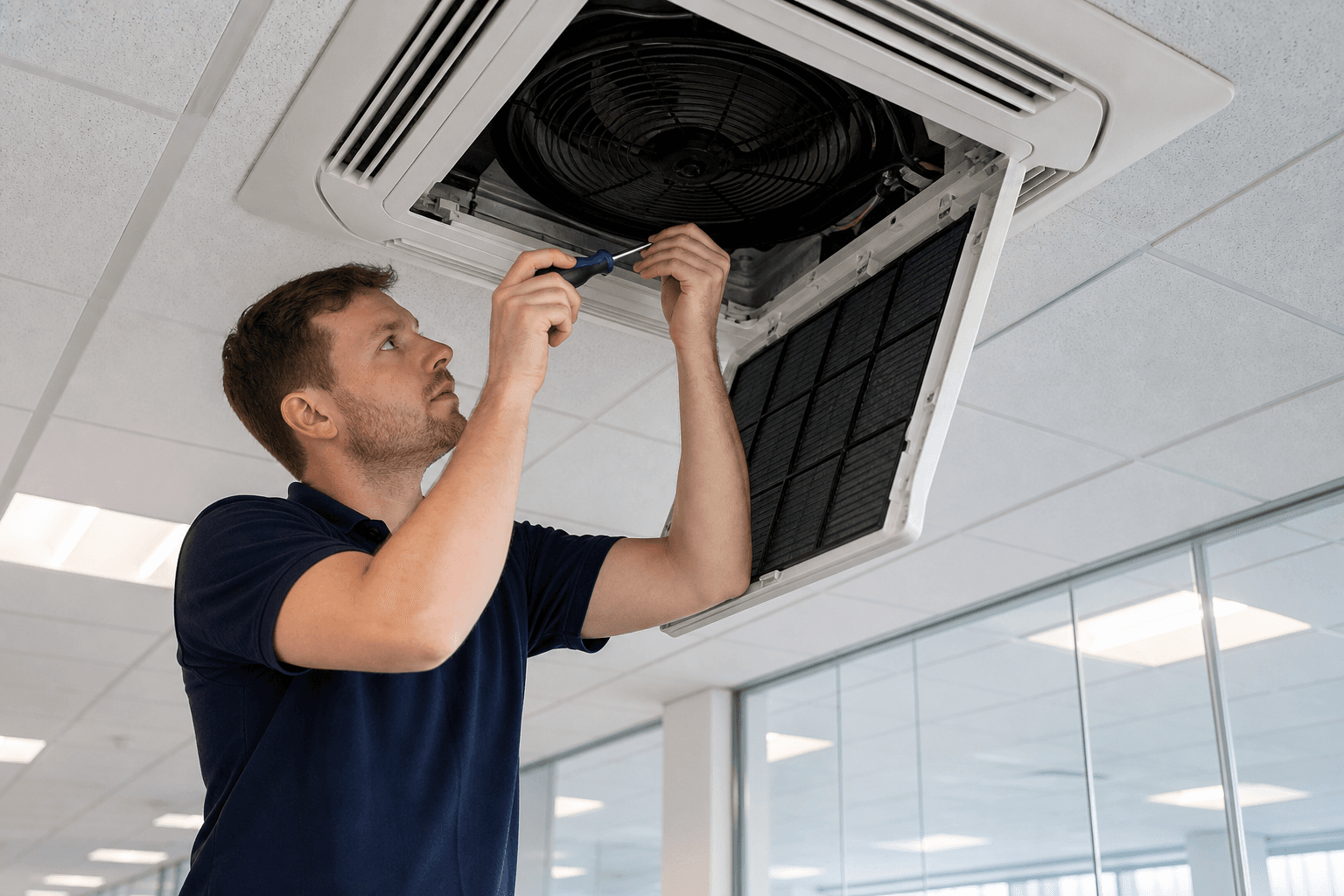 Engineer servicing a commercial air conditioning unit