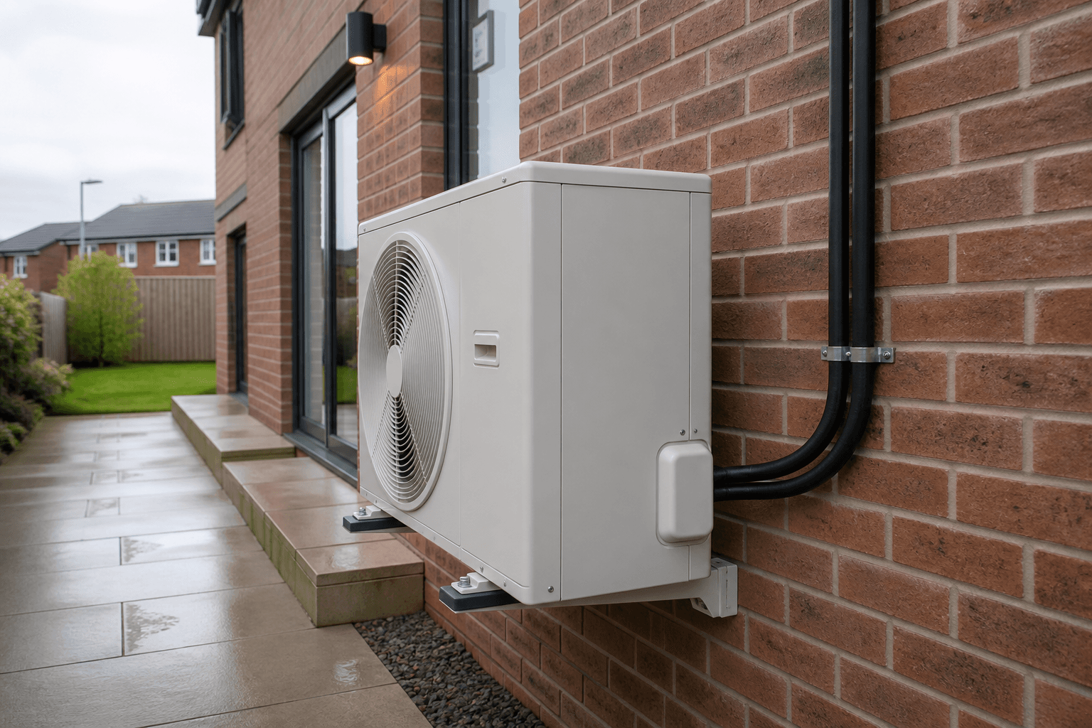 Outdoor air-to-air heat pump unit installed at a UK home